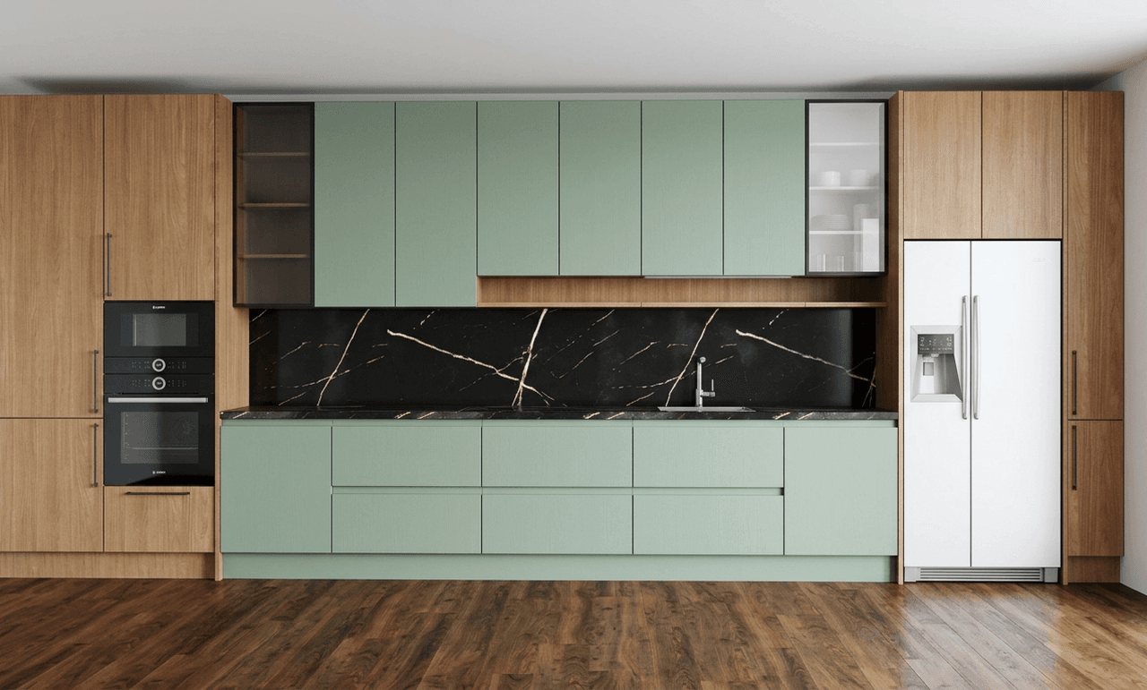 Линейная кухня, где нельзя сломать фасады и технику: после AIInterior